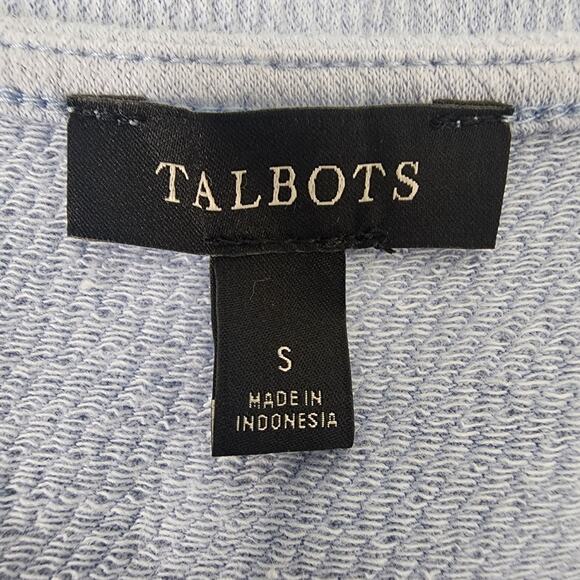 Talbots Tee Womens Small Ruffle Shoulder Voop Neck Elbow Sleeves Blue Textured - Picture 6 of 7